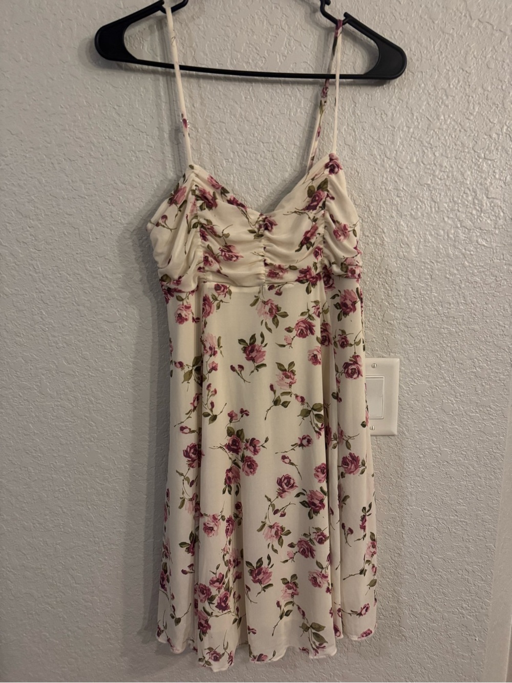 Floral Spaghetti Strap Sundress - Cream with Pink Rose Print